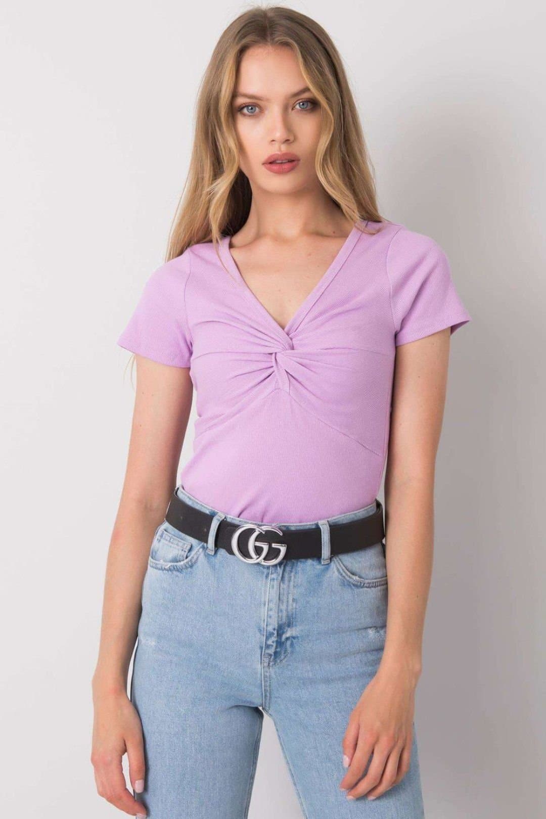 Love Lace Love Lace Women's Ribbed Short Sleeve Heart Neck Blouse Knot in Violet