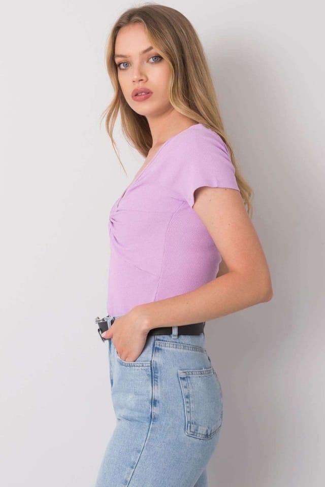 Love Lace Love Lace Women's Ribbed Short Sleeve Heart Neck Blouse Knot in Violet - 2