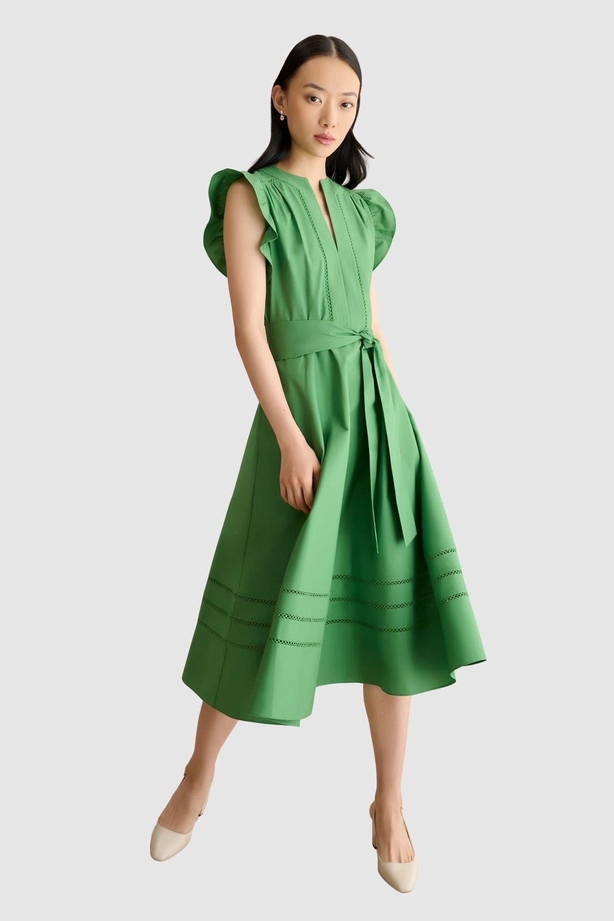 Hobbs London Green V-Neck Puff Sleeve Midi Dress