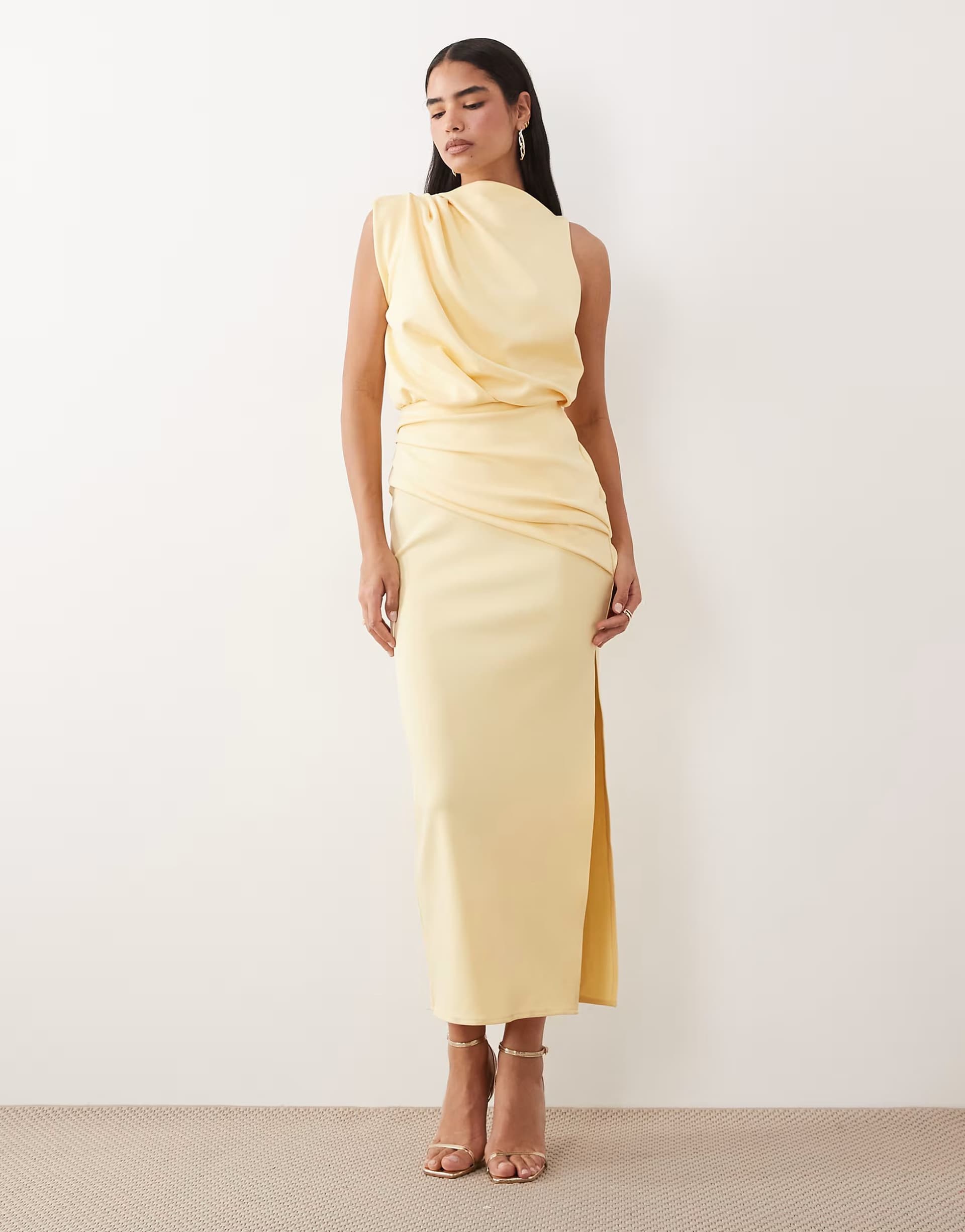 ASOS ASOS DESIGN draped structured midi dress with split in buttermilk