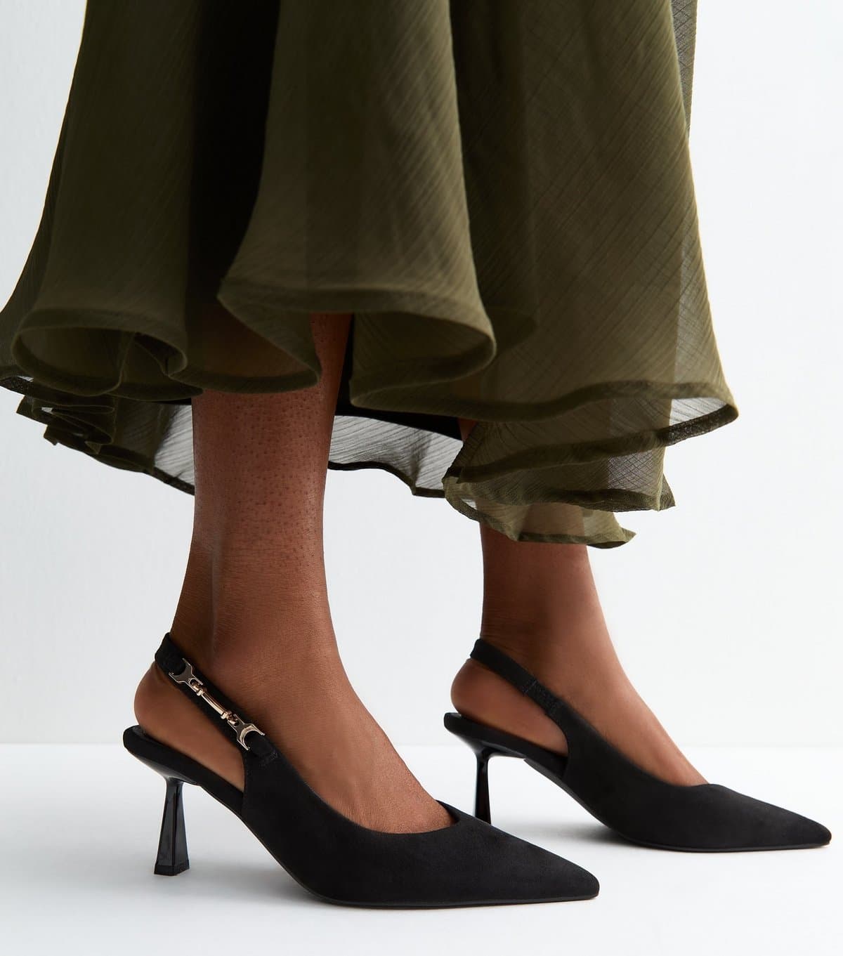 New Look Women's Black Faux Suede Horsebit Detail Slingback Pumps Vegan New Look