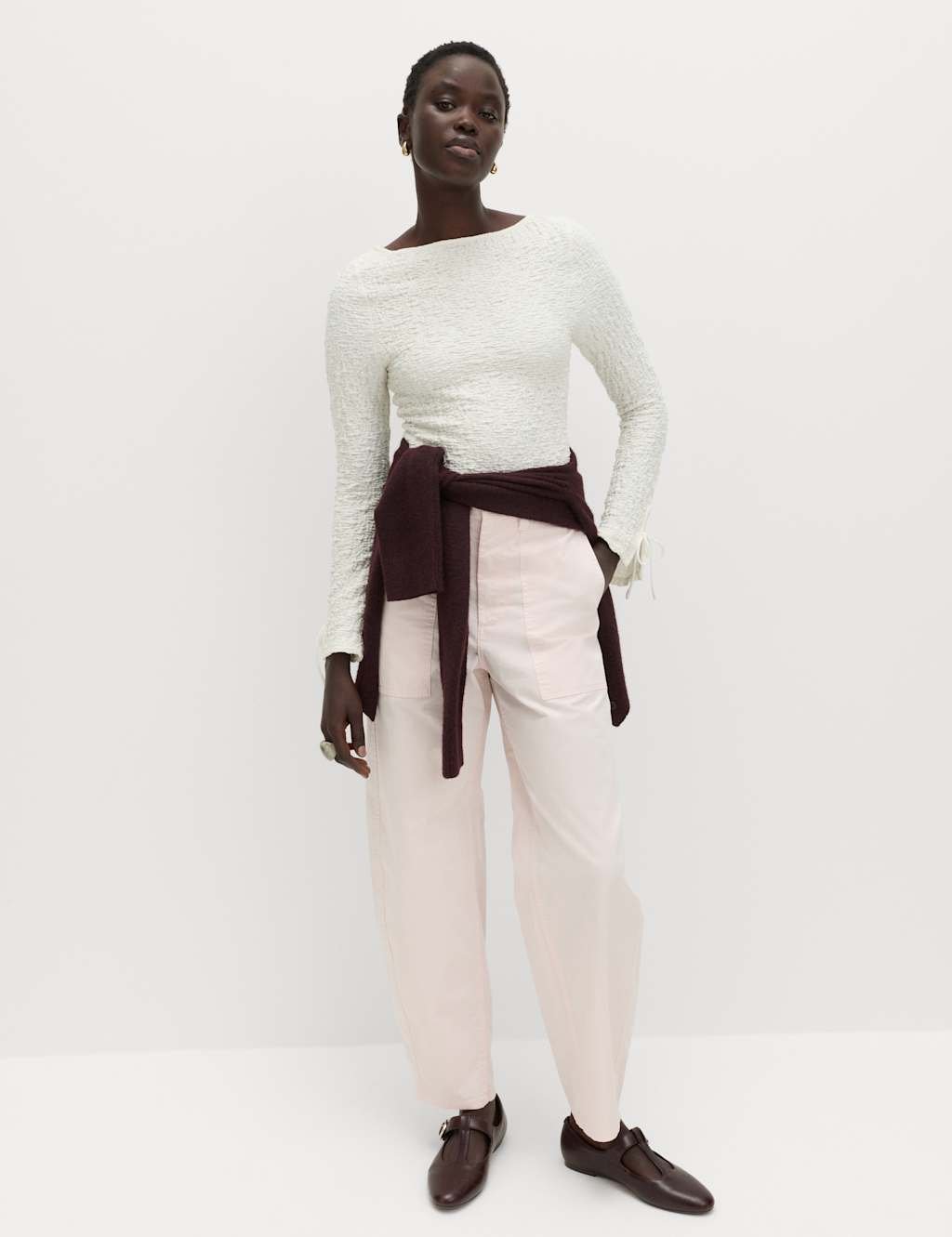 Marks & Spencer M&S Cotton Rich Barrel Leg Trousers Pink Shell - 2