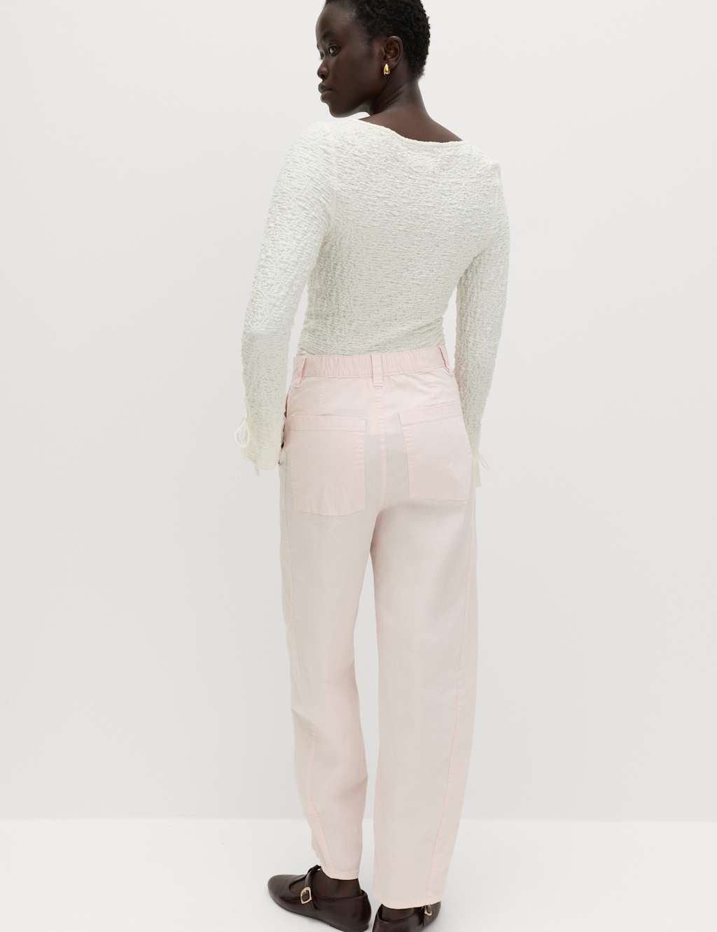 Marks & Spencer M&S Cotton Rich Barrel Leg Trousers Pink Shell - 4