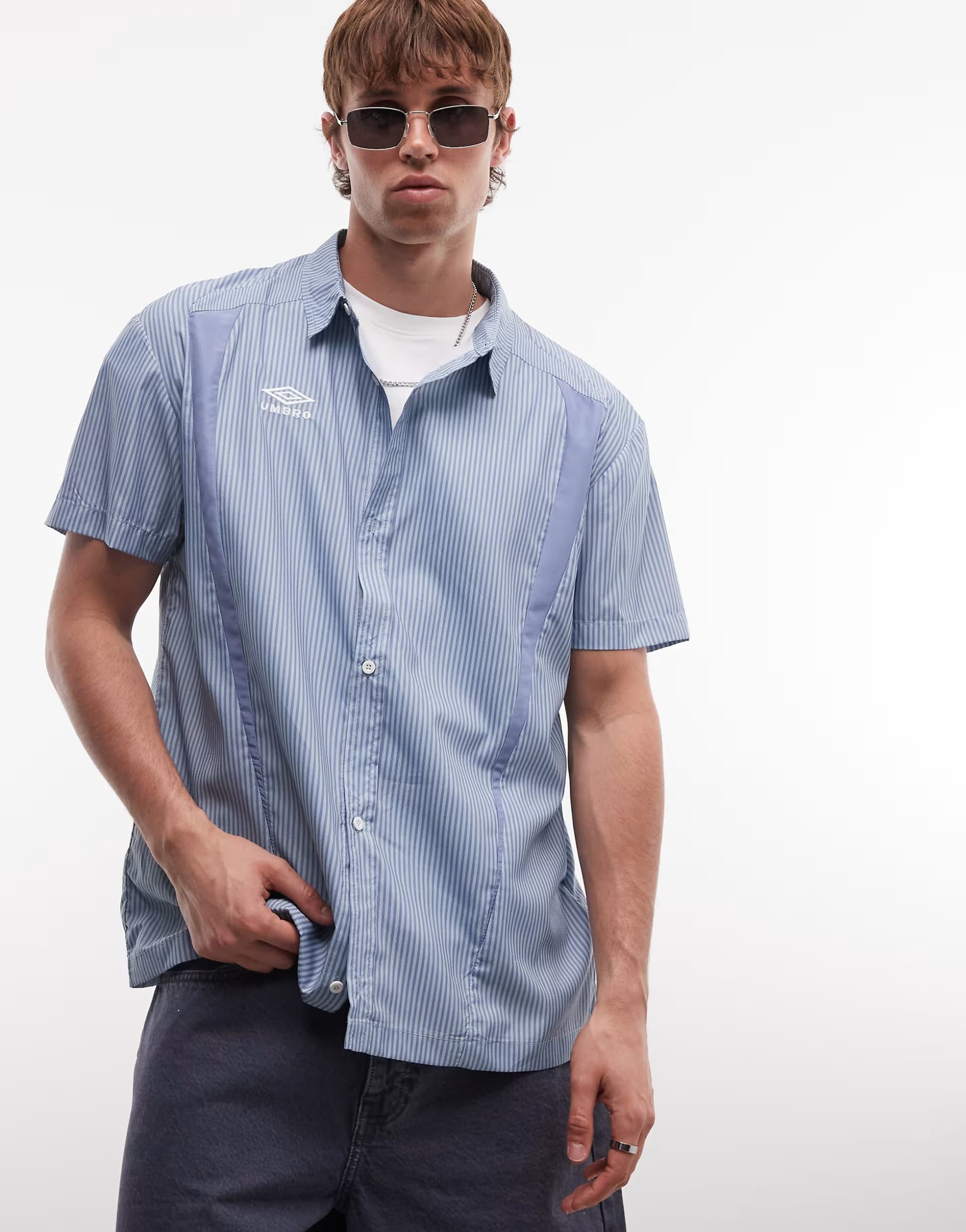 ASOS Umbro short sleeve boxy shirt in blue stripe