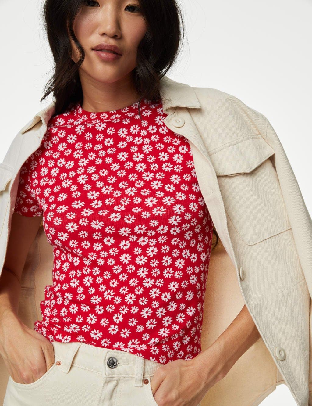 Marks & Spencer M&S Red Floral Print Cotton T-Shirt
