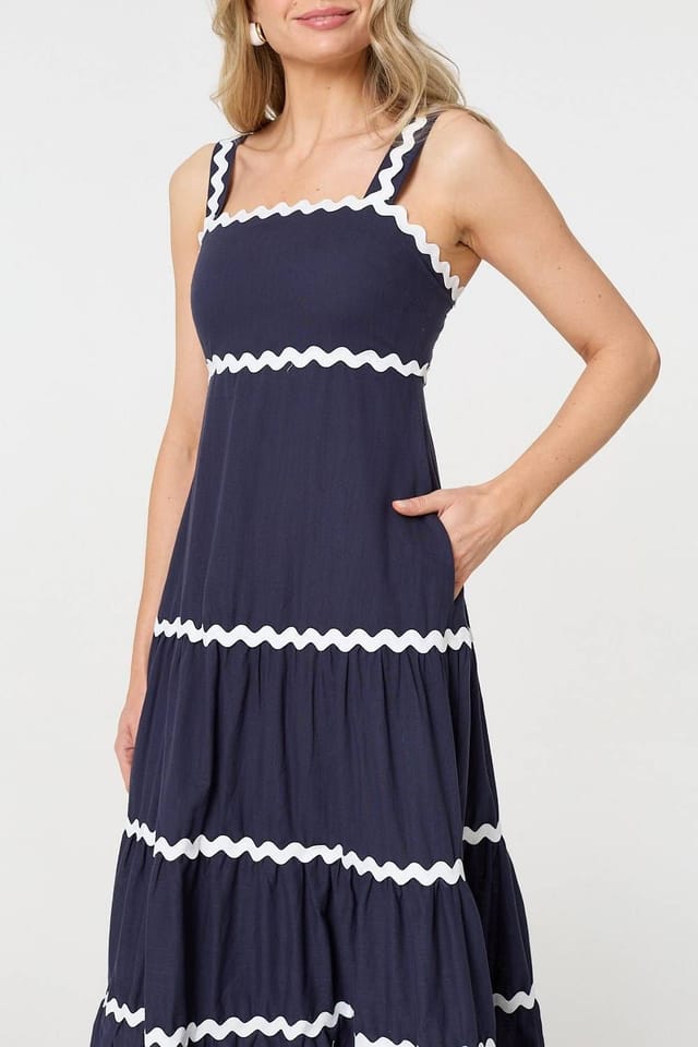 Izabel London Izabel London Women's Zig Zag Trim Sleeveless Tiered Midi Dress in Blue - 2