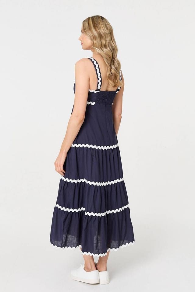 Izabel London Izabel London Women's Zig Zag Trim Sleeveless Tiered Midi Dress in Blue - 3