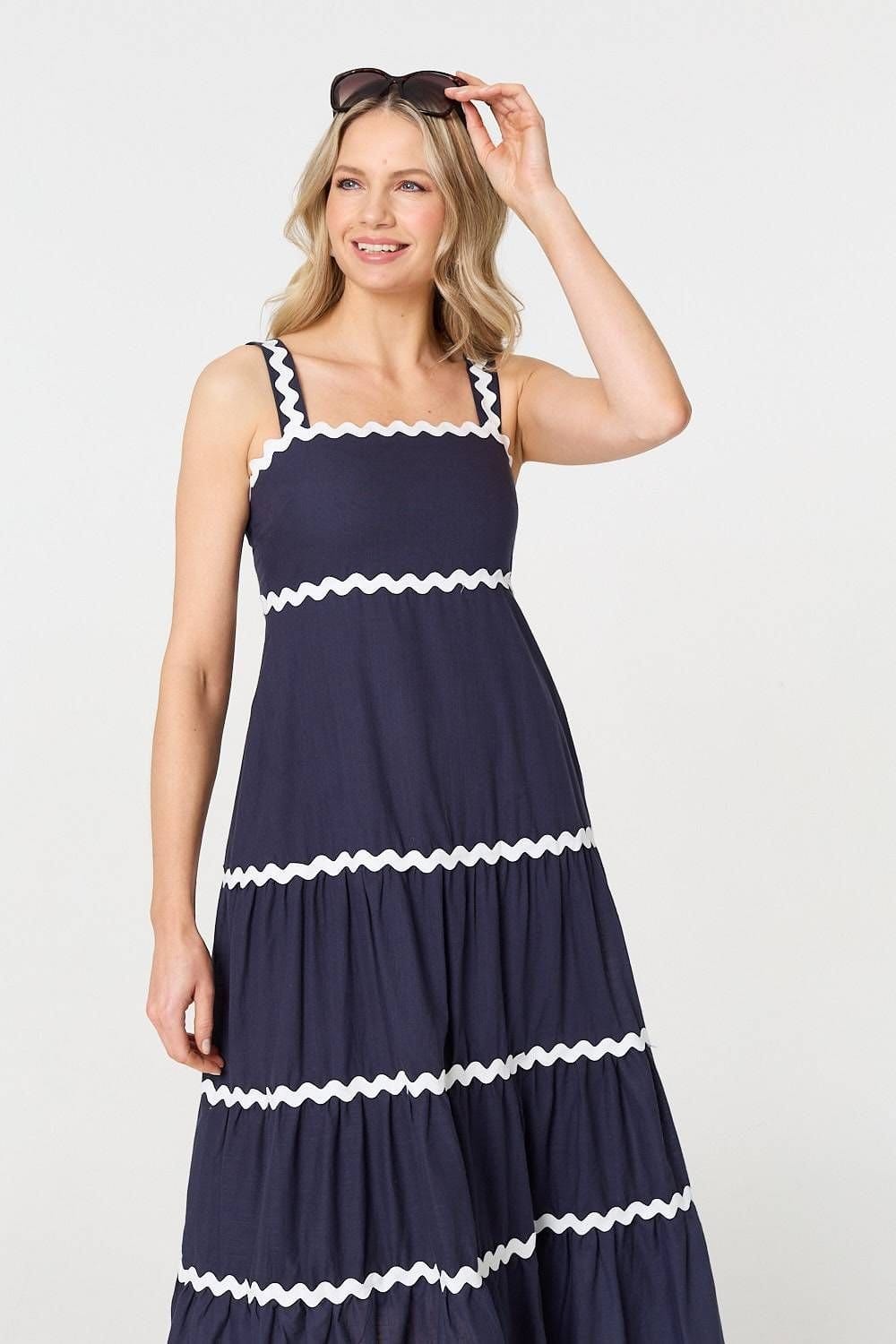 Izabel London Izabel London Women's Zig Zag Trim Sleeveless Tiered Midi Dress in Blue - 4