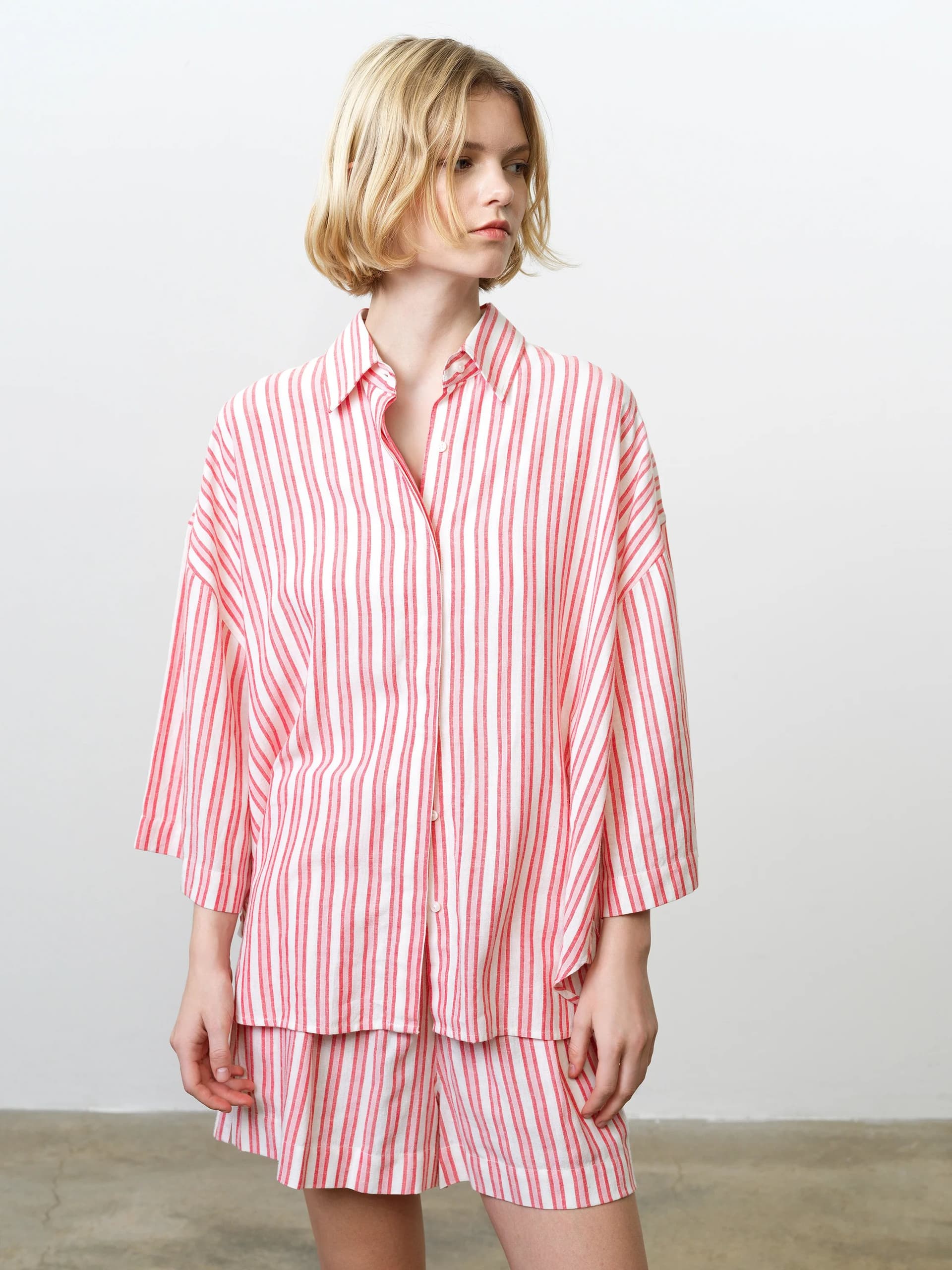 French Connection Cheryl Linen Blend Striped Long Sleeve Pink Shirt Watermelon Red