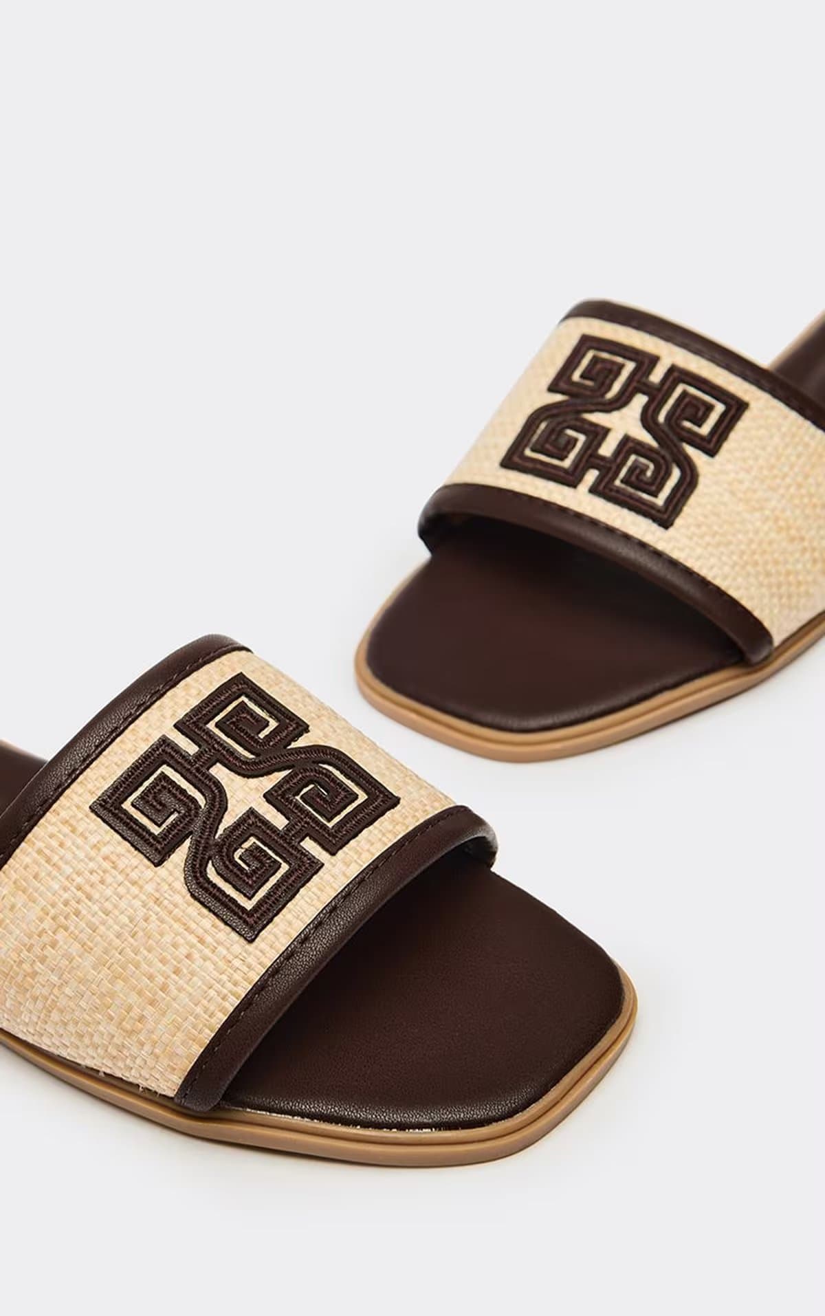 EGO Bay Woven Strap Logo Detail Flat Slider Sandal In Brown Faux Leather, Women's Size UK 3