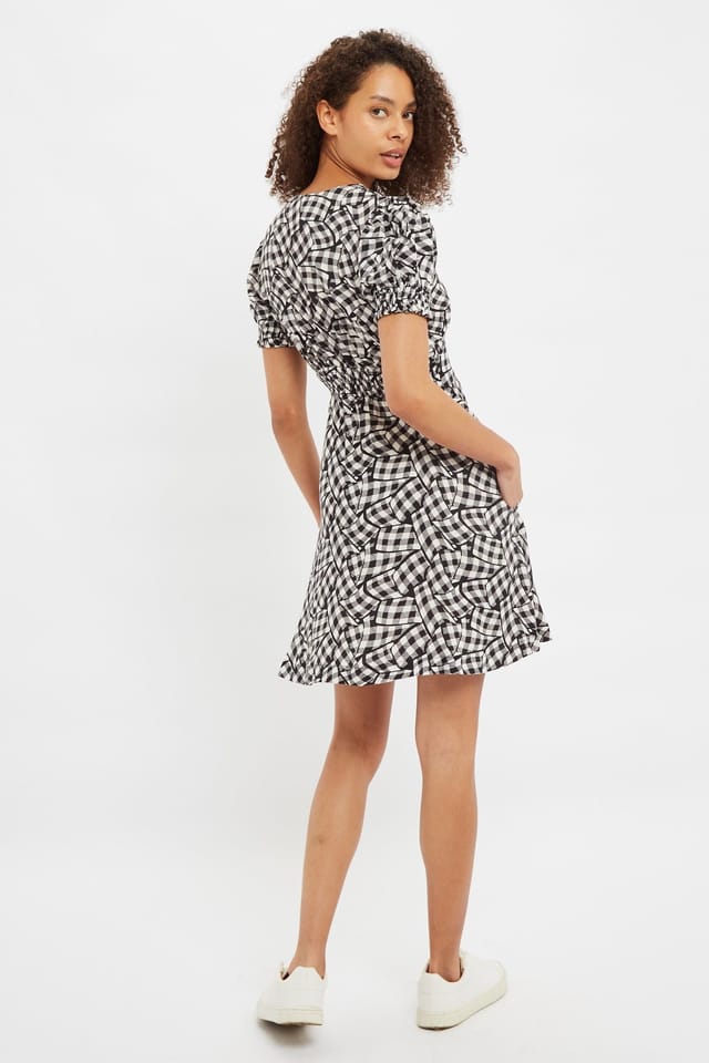 Louche Louche Women's Merle Gingham Twist Print V Neck Mini Tea Dress in Black - 2