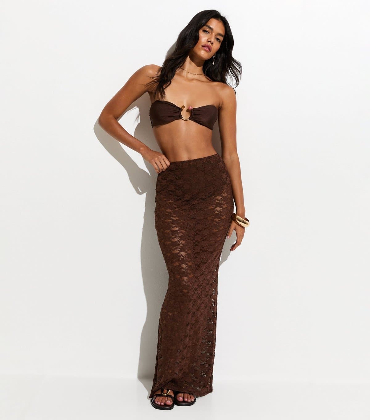 New Look Women's Dark Brown Lace Column Beach Maxi Skirt New Look