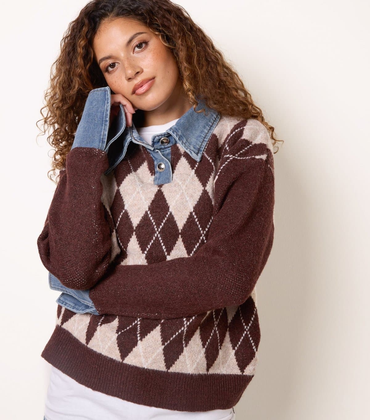 Blue Vanilla Women's Dark Brown Denim Collar Argyle Polo Jumper Blue Vanilla New Look