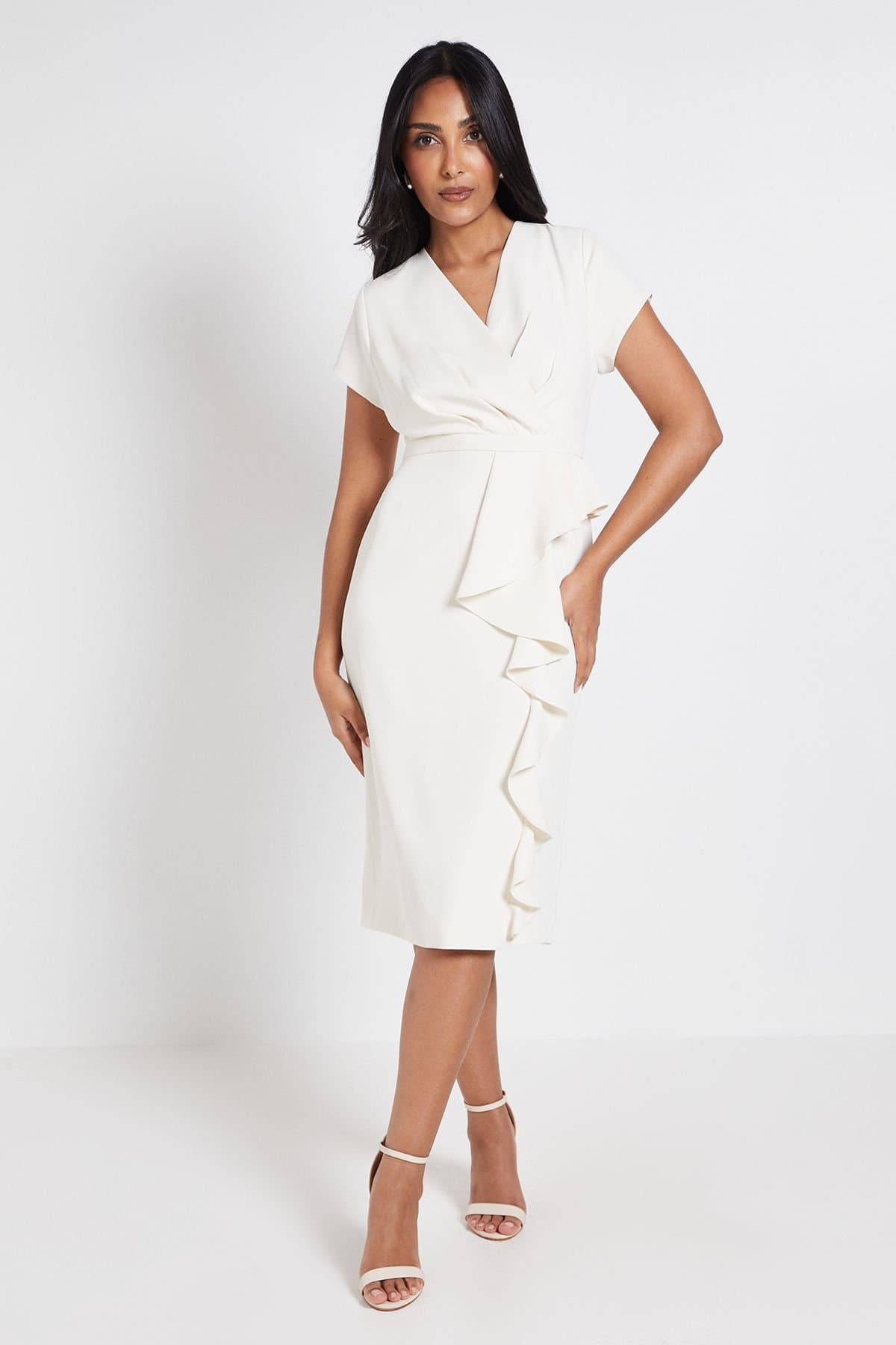 Wallis Wallis Women's Petite Tailored Crepe Ruffle Pencil Dress in Ivory