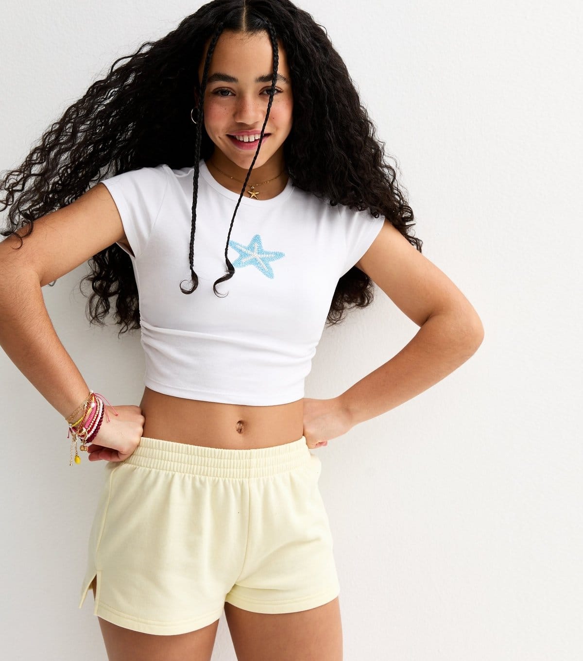 New Look Girls' White Beaded Starfish Ruched Side T-Shirt
