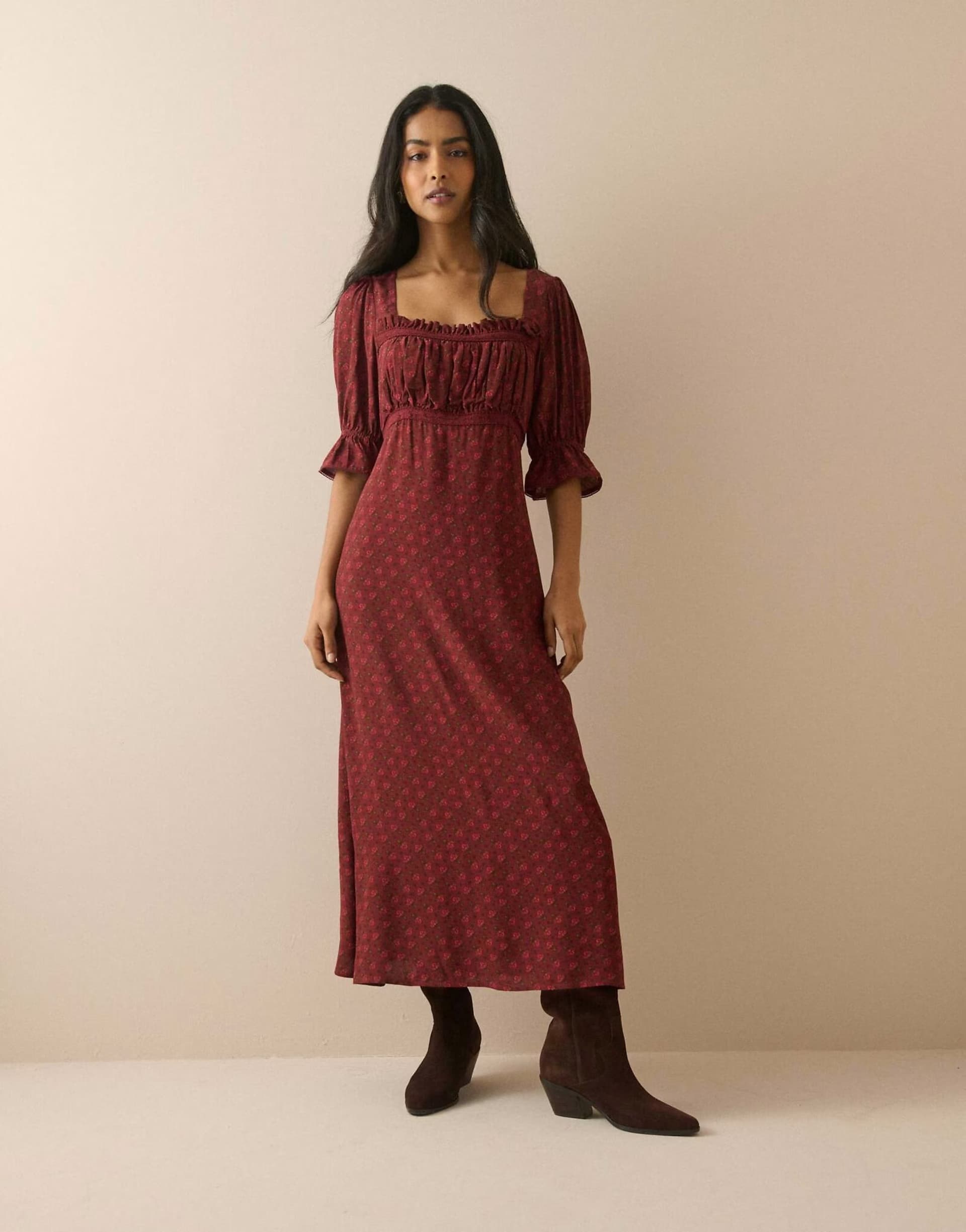 ASOS Nobody's Child Floral frill trim winslet midi dress in burgundy