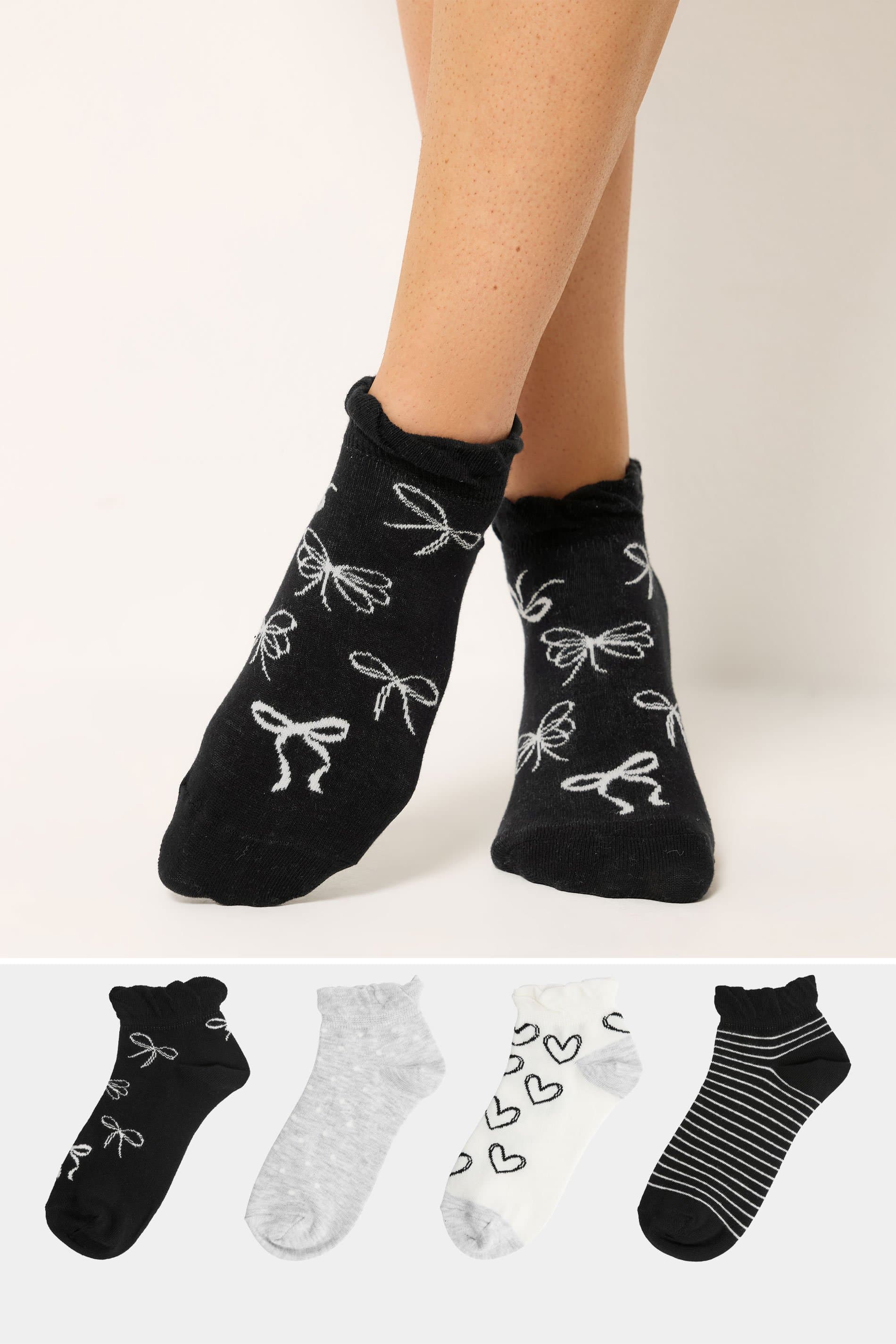 Yours 4 Pack Black Bow Print Trainer Liner Socks