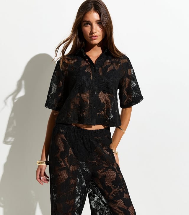 New Look Women's Premium Black Embroidered Netted Floral Lace Beach Shirt New Look - 2