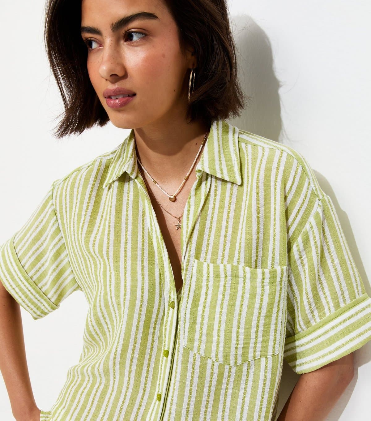 New Look Women's Green Striped Cropped Short Sleeve Shirt New Look
