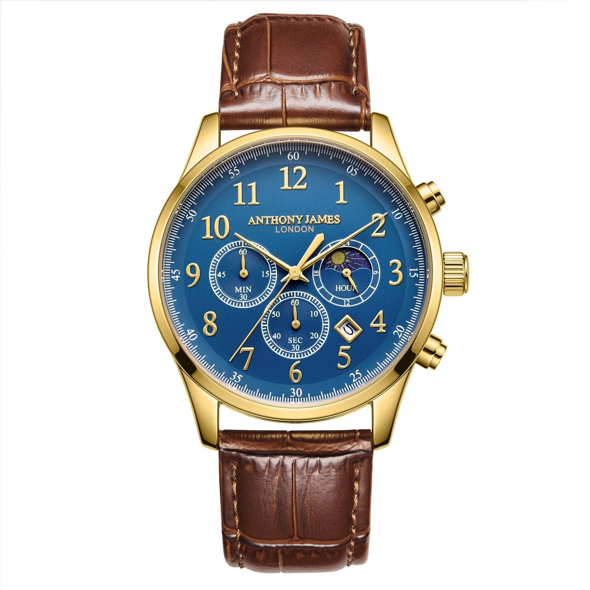 Anthony James Anthony James Men's Hand Assembled Moonphase Chronograph Gold Blue Watch