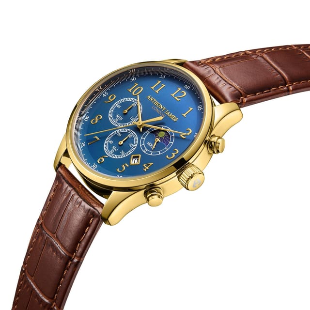 Anthony James Anthony James Men's Hand Assembled Moonphase Chronograph Gold Blue Watch - 2
