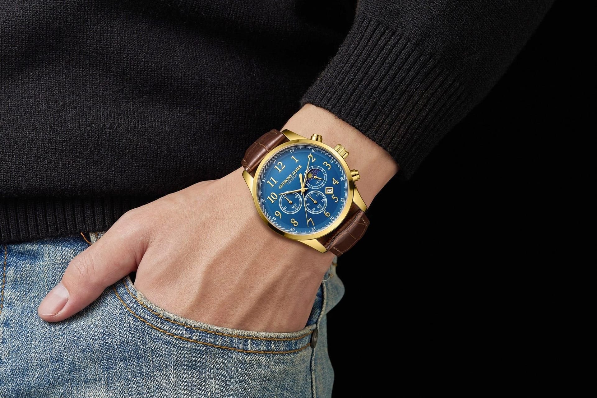 Anthony James Anthony James Men's Hand Assembled Moonphase Chronograph Gold Blue Watch - 4