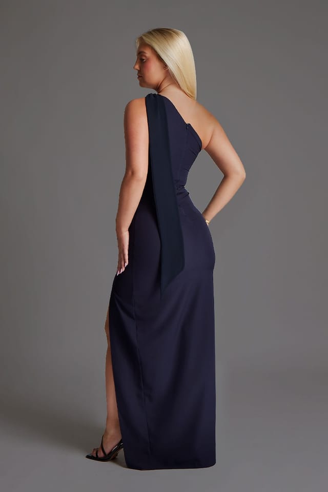 Vesper Vesper Women's One Shoulder Drape Detail Maxi Dress in Navy - 3