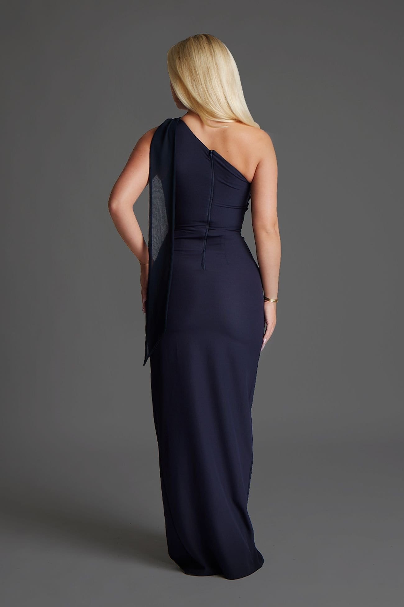 Vesper Vesper Women's One Shoulder Drape Detail Maxi Dress in Navy - 4