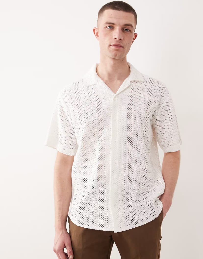 ASOS ONLY & SONS crochet shirt in cream - 1