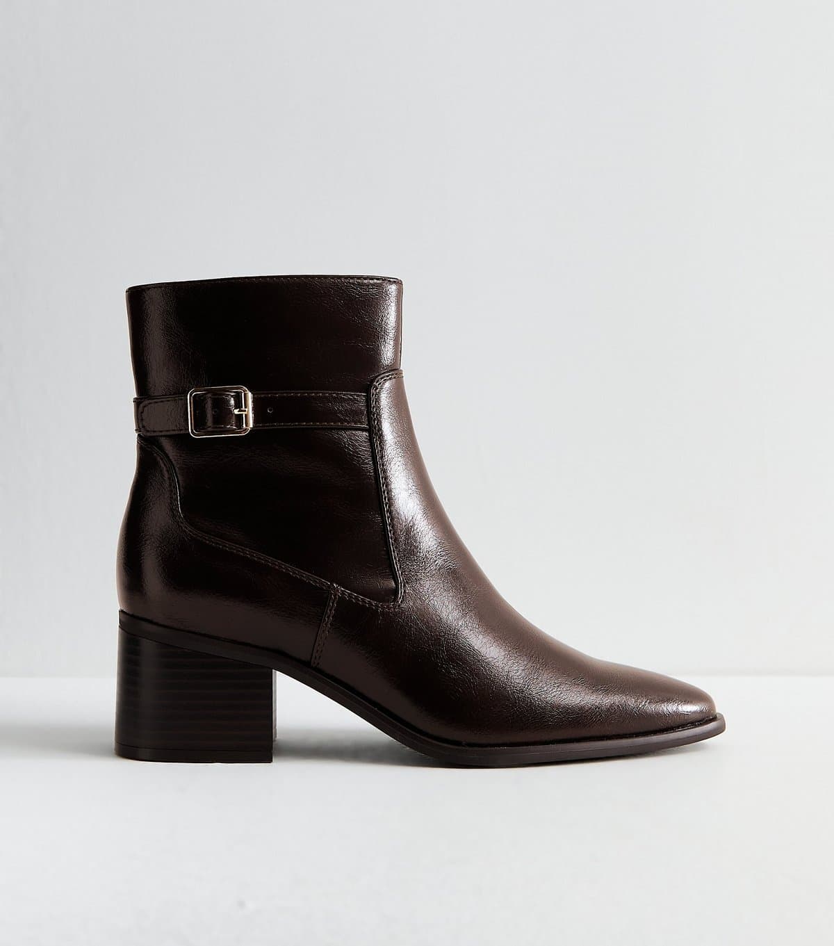 New Look Women's Dark Burgundy Faux Leather Block Heel Pointed Toe Boots Vegan New Look