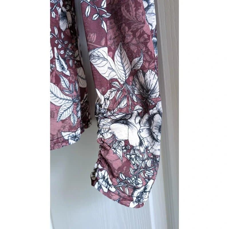 Oasis Oasis Burgundy Purple Floral Mesh Top High Neck Long Ruched Sleeves Size S