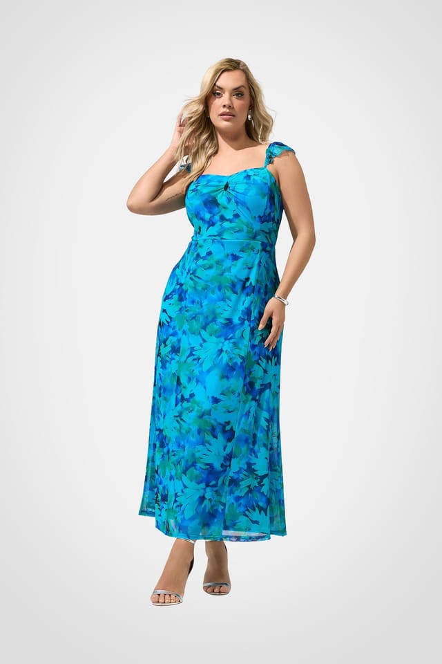 Yours Yours Women's Abstract Keyhole Ruffle Maxi Dress in Bright Blue - 3