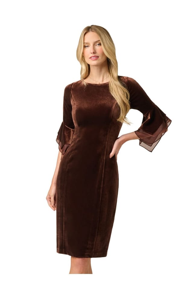 Adrianna Papell Adrianna Papell Women's Velvet Bell Sleeve Short Dress in Brown - 2