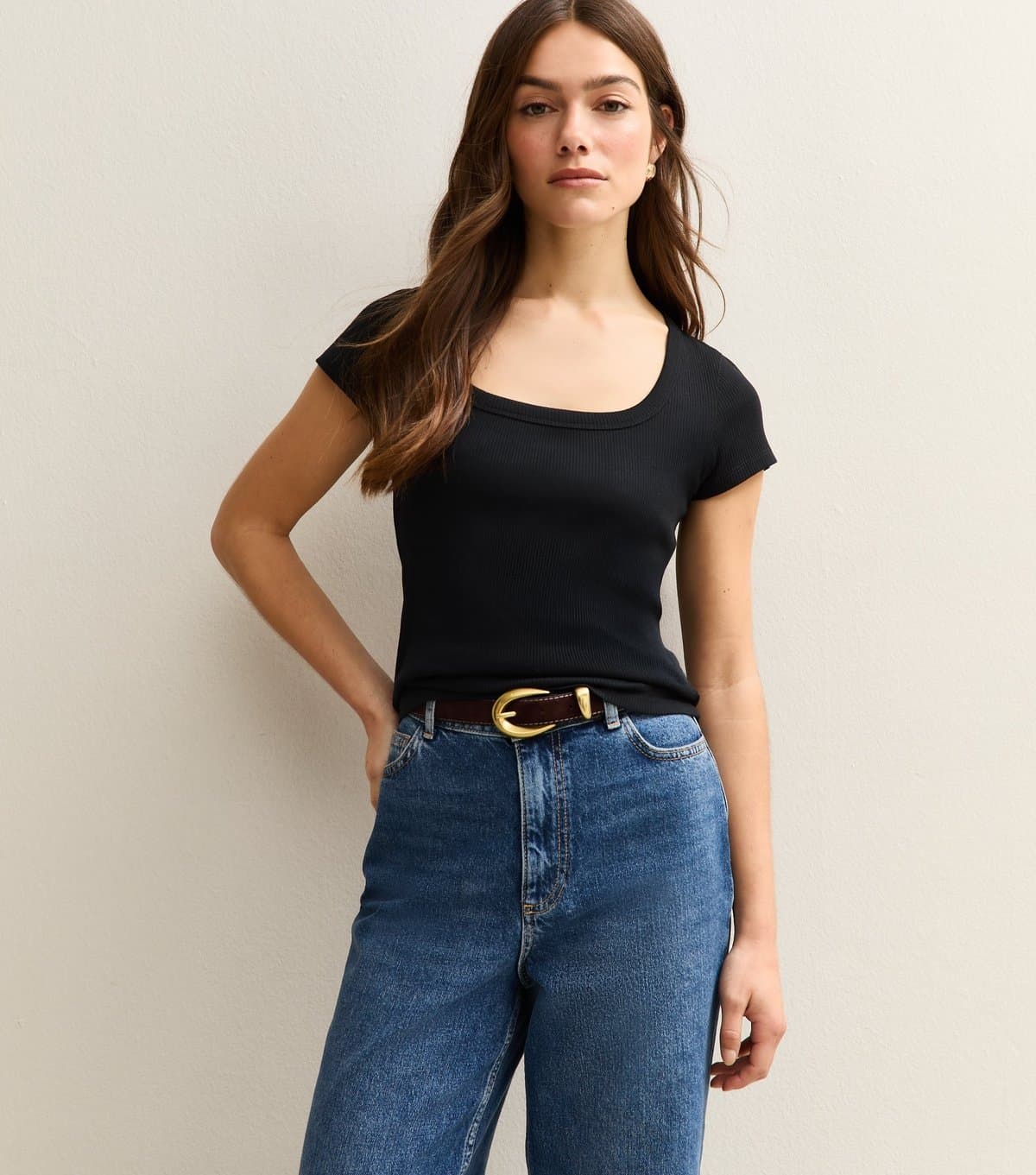 New Look Women's Petite Black Ribbed Square Neck Top New Look