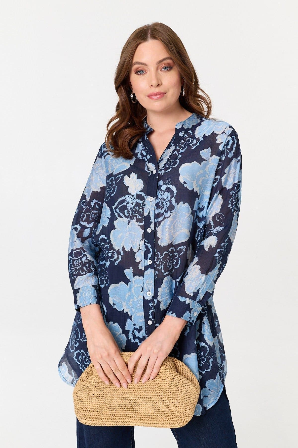Izabel London Izabel London Women's Floral Longline Long Sleeve Shirt in Navy