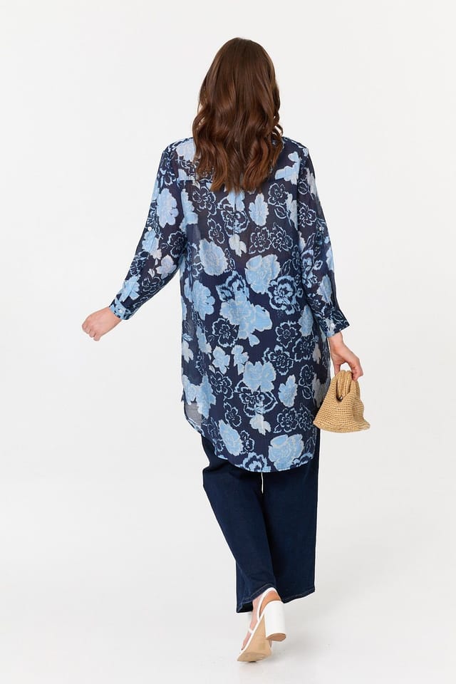 Izabel London Izabel London Women's Floral Longline Long Sleeve Shirt in Navy - 3
