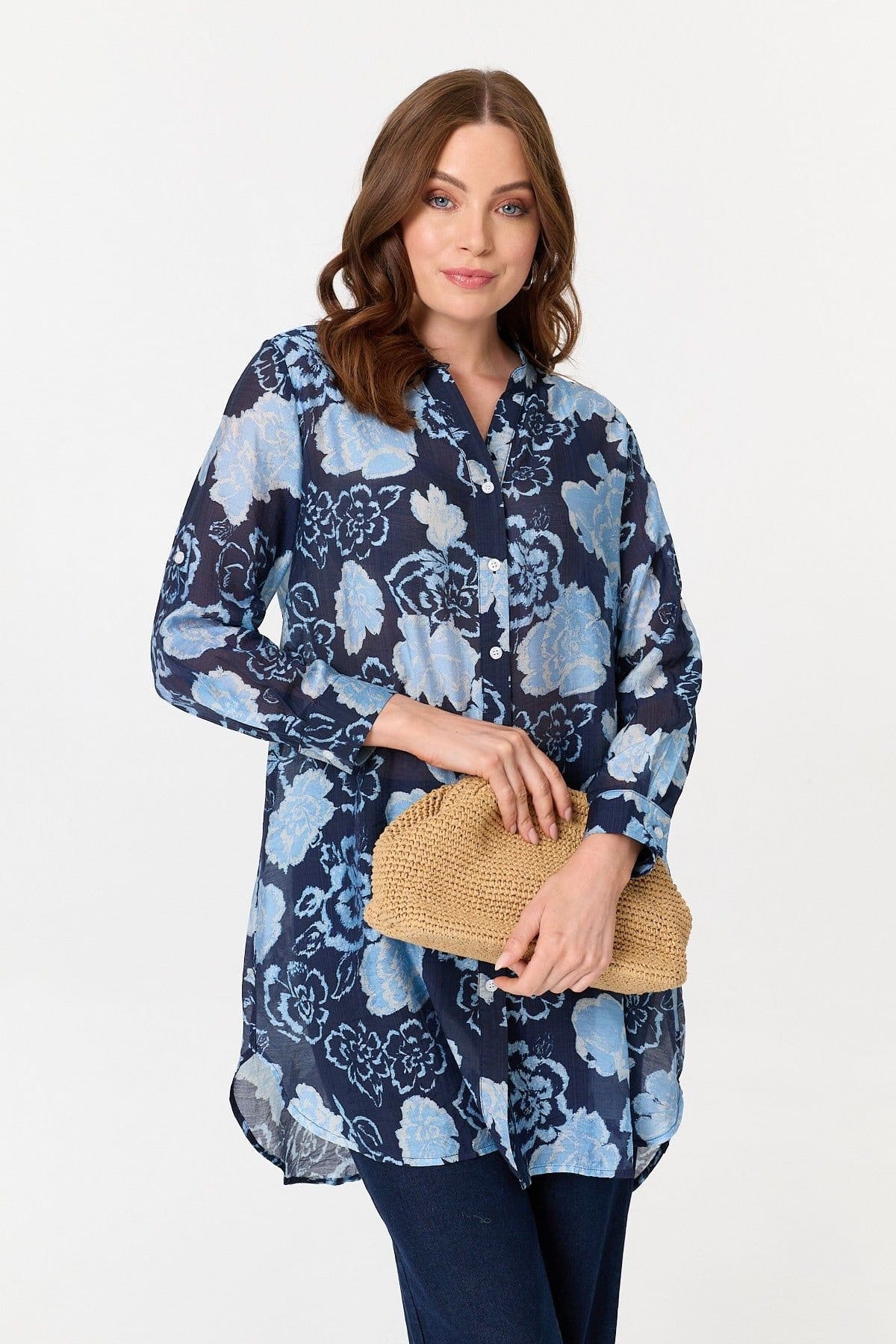 Izabel London Izabel London Women's Floral Longline Long Sleeve Shirt in Navy - 4