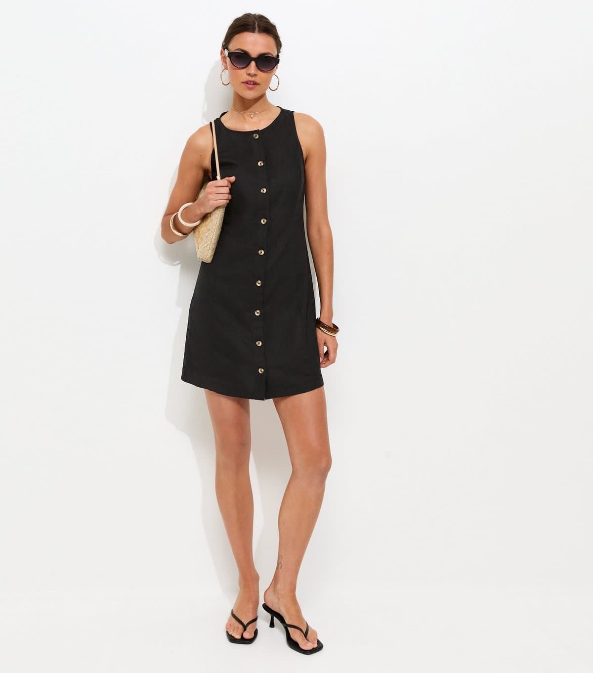 New Look Women's Black Linen Blend Button Through Mini Dress New Look