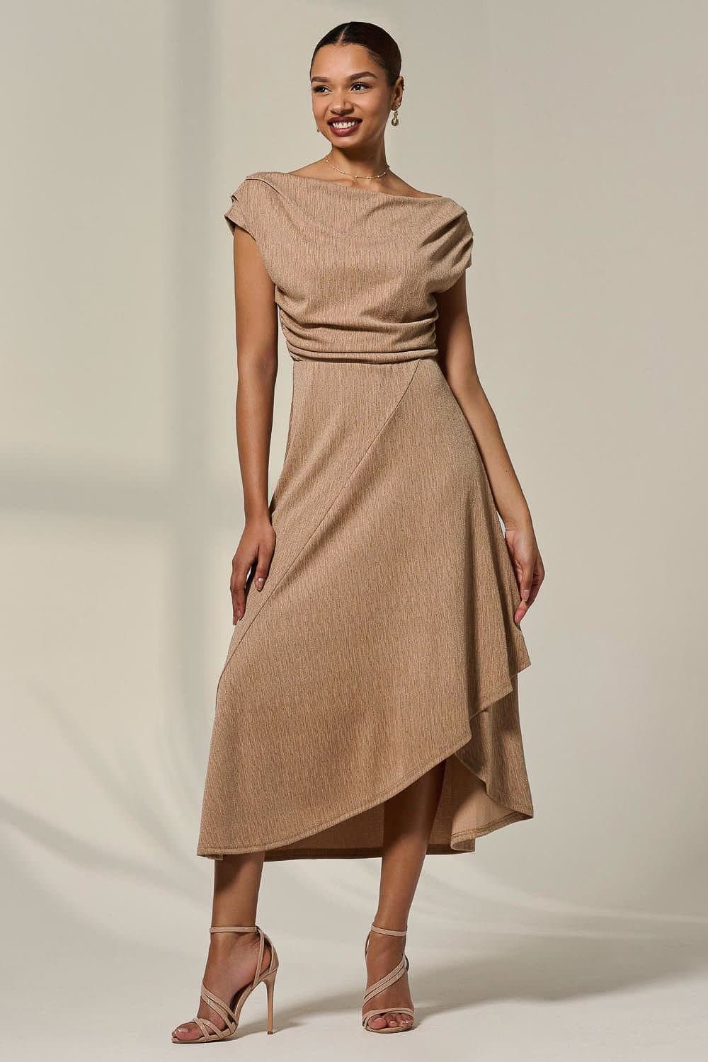 Jolie Moi Jolie Moi Women's Asymmetric Cowl Neck Midi Dress in Taupe