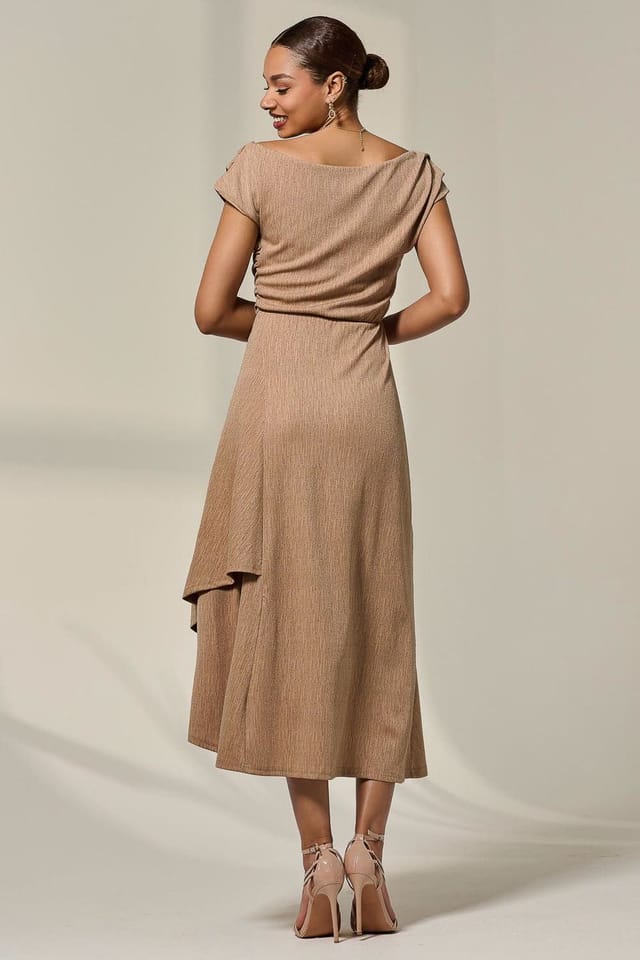 Jolie Moi Jolie Moi Women's Asymmetric Cowl Neck Midi Dress in Taupe - 2