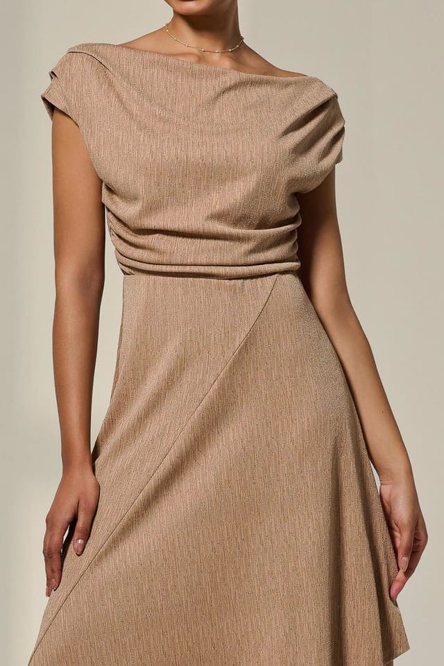 Jolie Moi Jolie Moi Women's Asymmetric Cowl Neck Midi Dress in Taupe - 3