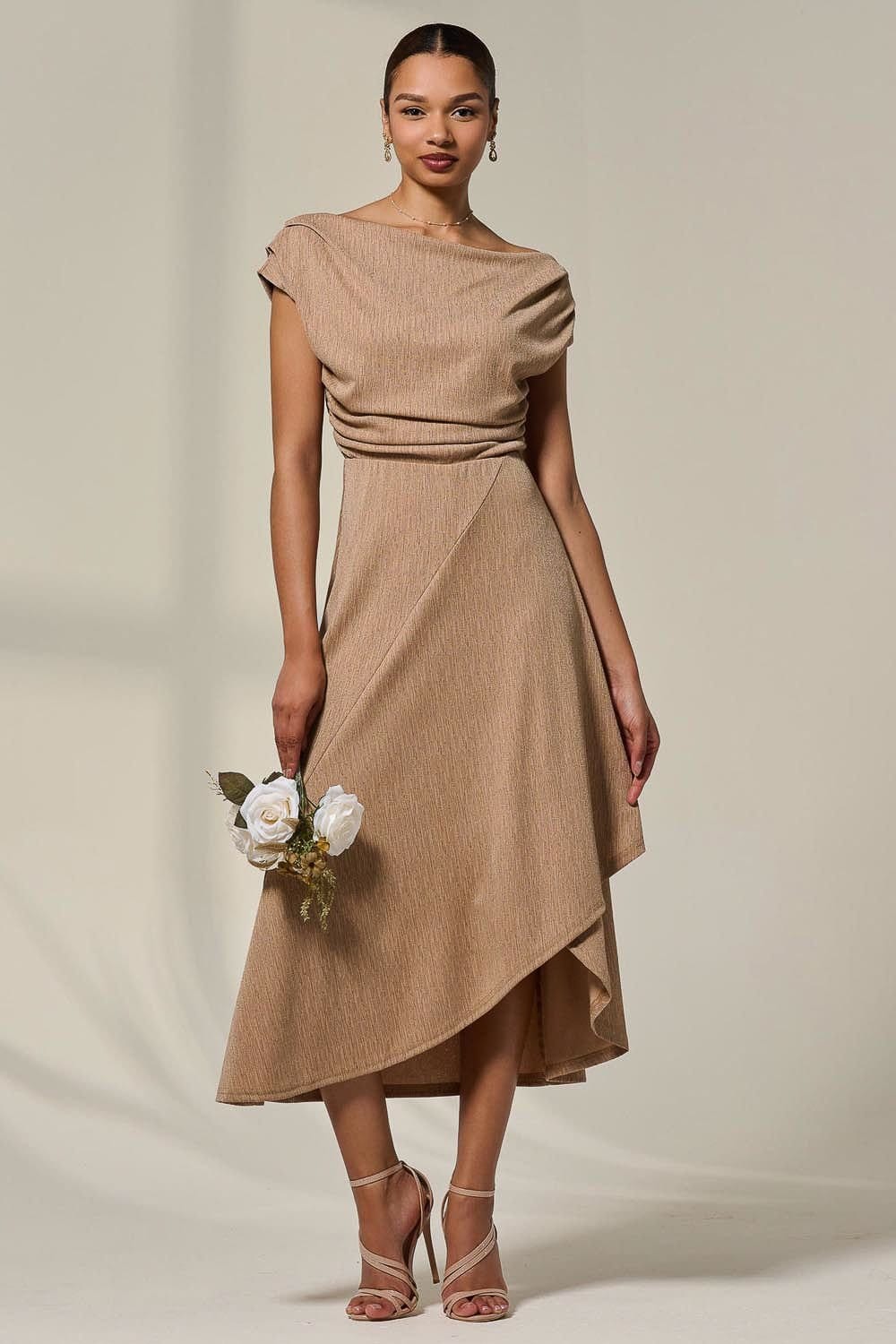 Jolie Moi Jolie Moi Women's Asymmetric Cowl Neck Midi Dress in Taupe - 4