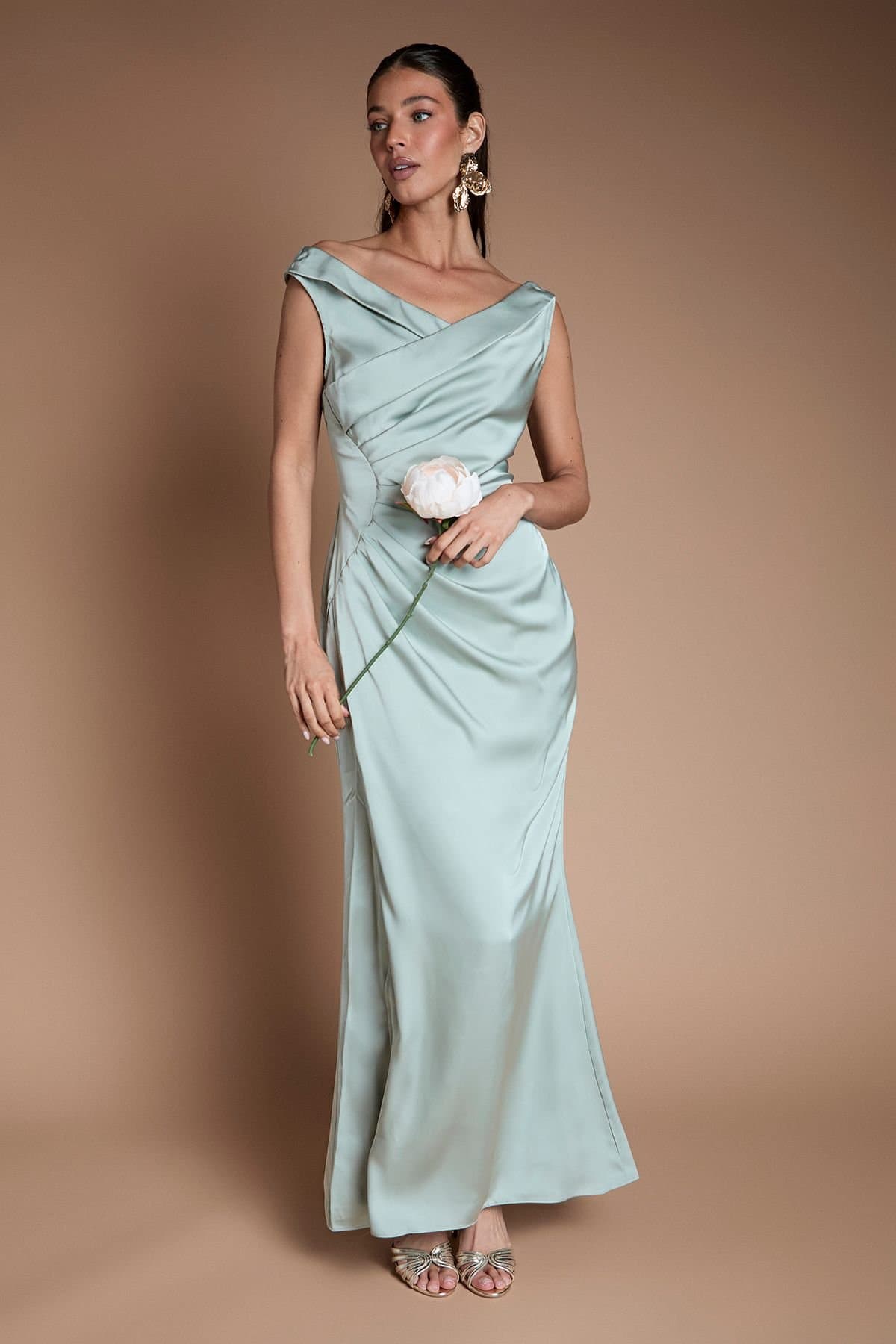 Coast Coast Women's Satin Bardot Bridesmaid Maxi Dress With Waist Ruching Detail in Sage