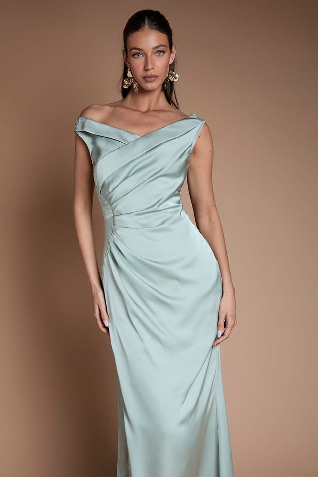 Coast Coast Women's Satin Bardot Bridesmaid Maxi Dress With Waist Ruching Detail in Sage - 2