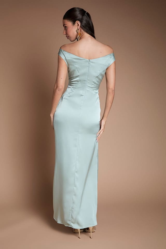 Coast Coast Women's Satin Bardot Bridesmaid Maxi Dress With Waist Ruching Detail in Sage - 3