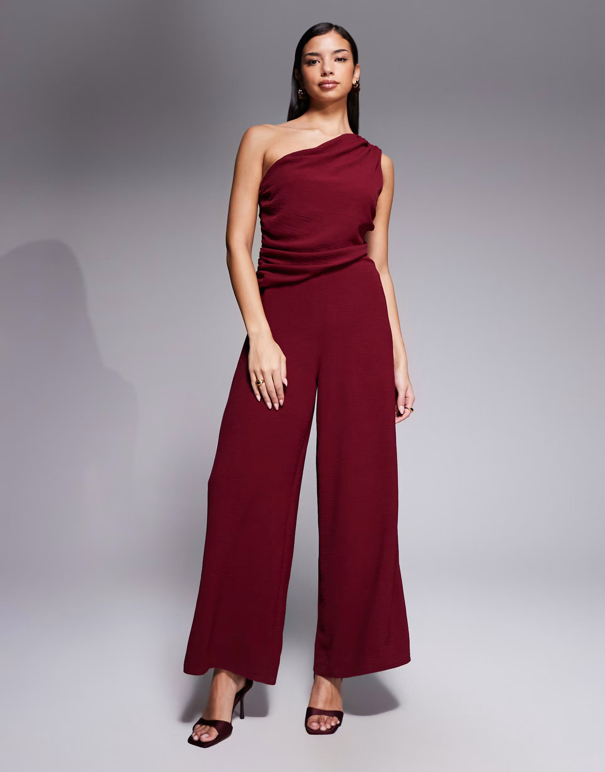ASOS ASOS DESIGN draped one shoulder jumpsuit in burgundy - 1