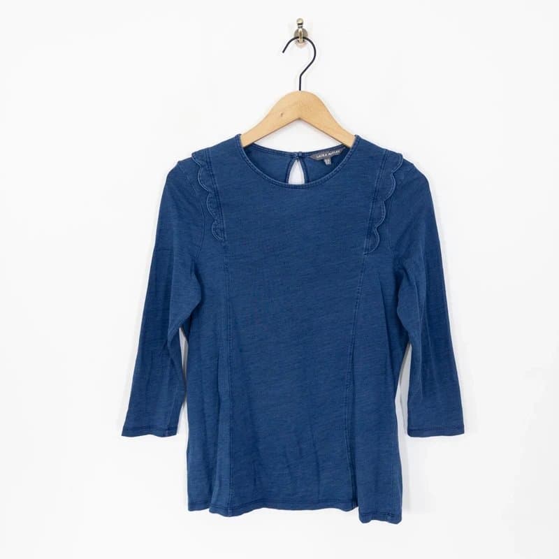 Laura Ashley Laura Ashley Denim Blue Jersey Cotton Blouse Top Size 12 Scallop Edge
