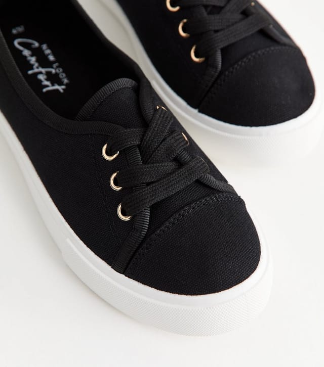 New Look Women's Black Canvas Half Lace Up Trainers Vegan New Look - 3