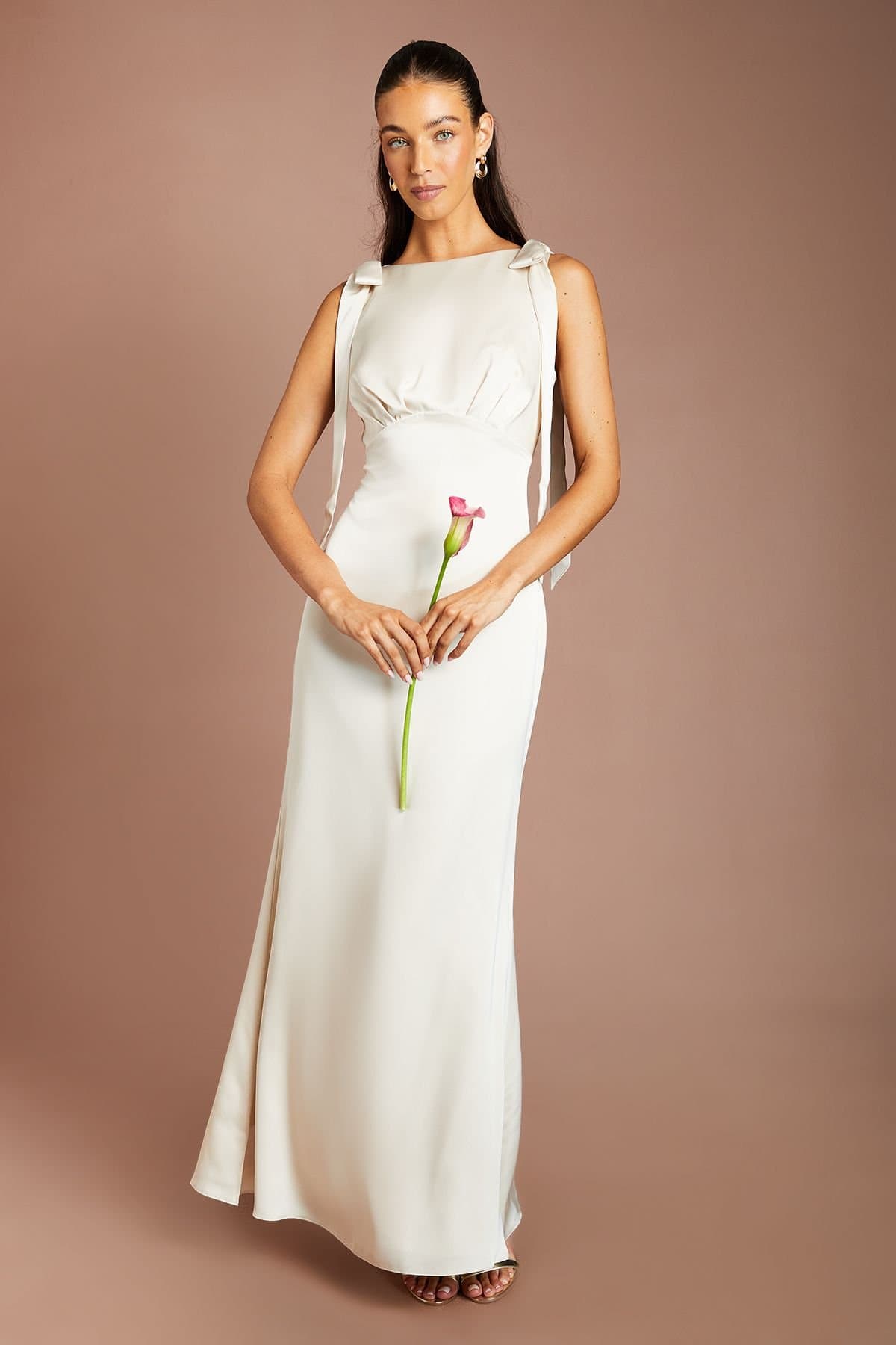 Coast Coast Women's Honoured Sleeveless High Neck Tie Shoulder Satin Maxi Bridesmaid Dress in Champagne
