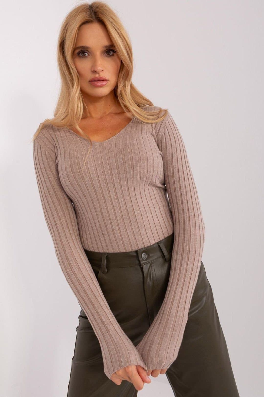 Love Lace Love Lace Women's Ribbed V Neck Long Sleeve Viscose Sweater Style 189715 in Beige